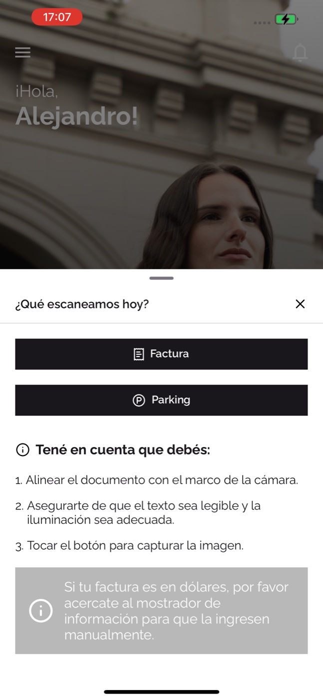 Escaneo de la factura en la app de Punta Carretas